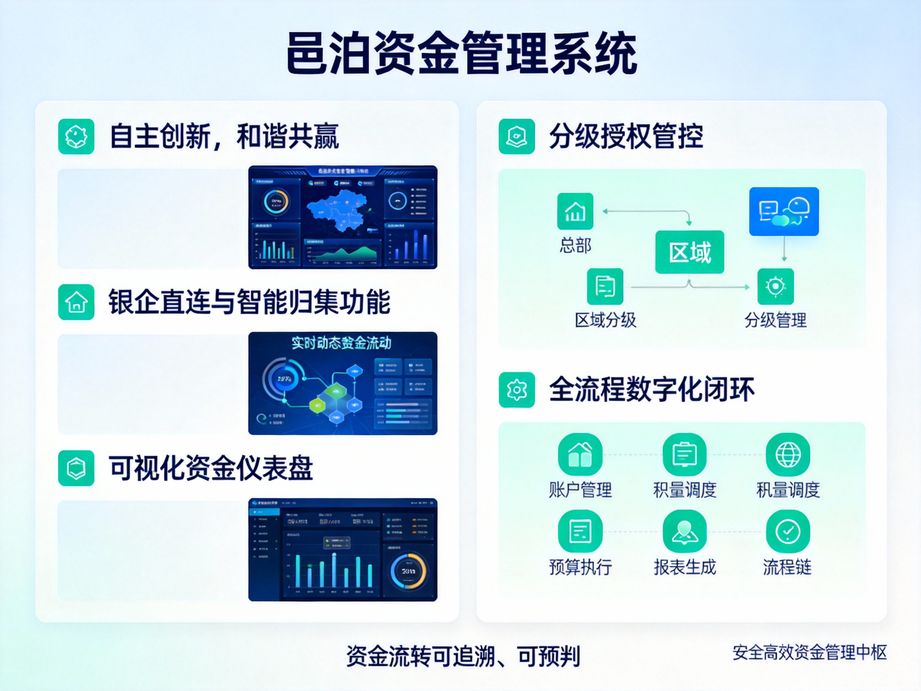 邑泊打造高效資金收付體系，資金管理軟件支持掃碼收款、線上付款，實現全渠道資金收付一體化。