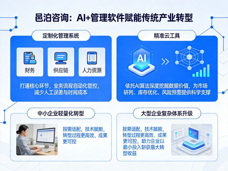 以人工智能技術為支撐，邑泊咨詢為企業數字化轉型提供戰略規劃與落地指導，實現轉型價值最大化。