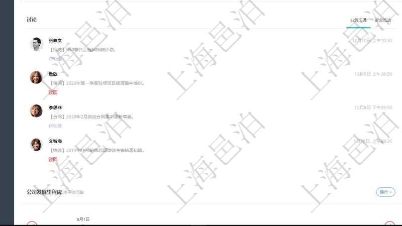 項目管理軟件人力資源管理總經理儀表盤可以查看業務討論,比如業務溝通、資金流動,同時也可以查看預警與審批,比如預警和審批。可以使用餅圖查看工種比率和公司部門。