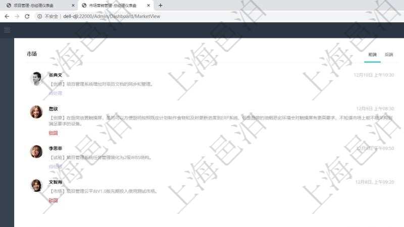 項目管理軟件市場營銷管理總經理儀表盤市場管理包括:創意、試驗、市場、產品4類前端活動與項目、收款、售后3類后端活動。銷售管理包括線索、意向、提案報價、合同4類前端活動與項目范圍、簽約、執行、收款、常規售后5類后端活動。