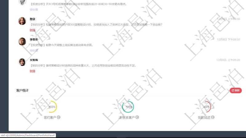 項目管理軟件投資組合管理總經理儀表盤可以查看業務溝通,比如投資業務、資金客戶,同時也可以查看風險與決策,比如風險預警和決策確認。可以使用餅圖查看虛擬資金規模和投資組合收益。