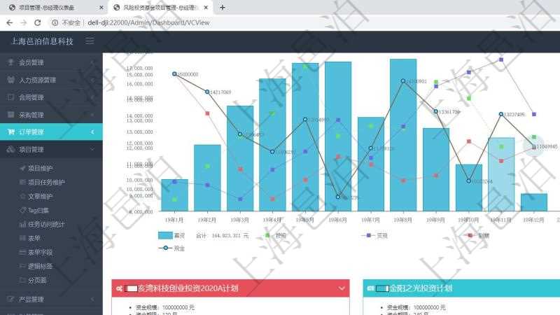 項目管理軟件風險投資基金管理總經理儀表盤可以查看基金募資進度表,包括基金資金期限及募資進度。同時還可以查看投資項目進度表,包括項目、期限、金額及投資進度。
