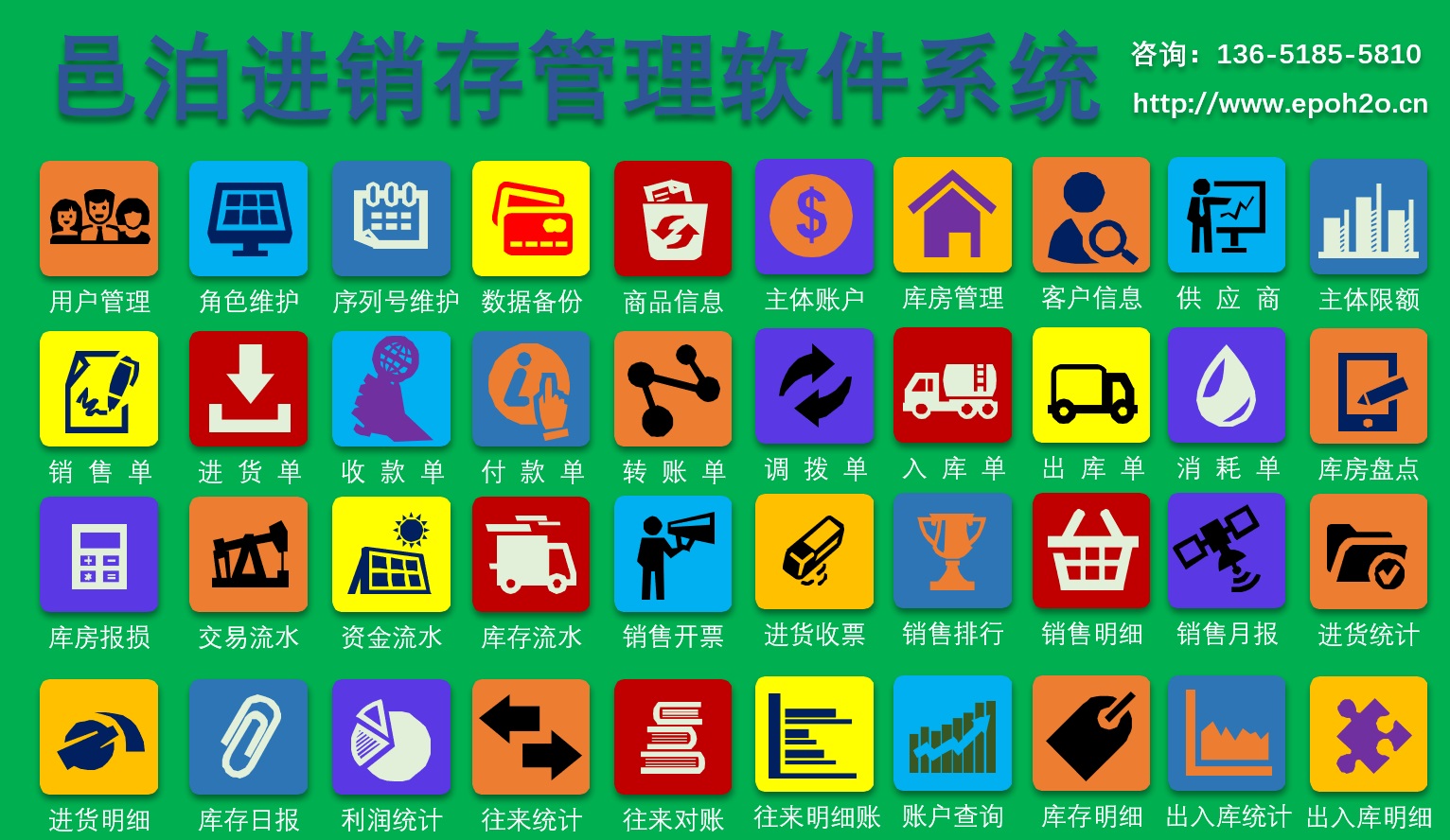 進銷存管理軟件工作流管理系統通過邑泊自主研發的多個模塊系統,實現用戶、角色、序列號、商品、市場主體、賬戶、庫房、客戶、供應商、銷售、進貨、收款、付款、庫存等全方位的進銷存管理