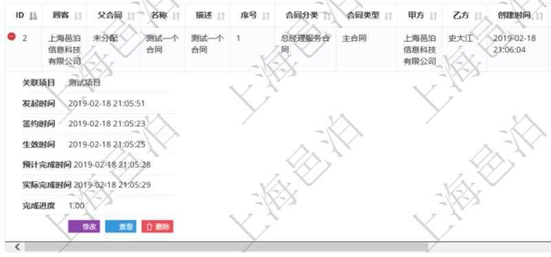 項目管理系統可通過合同維護頁面查詢合同及明細信息,詳細的明細信息可通過展開顯示,比如:顧客、父合同、名稱、描述、序號、合同分類、合同類型、甲方、乙方、創建時間、關聯項目、發起時間、簽約時間、生效時間、預計完成時間、實際完成時間、完成進度等。