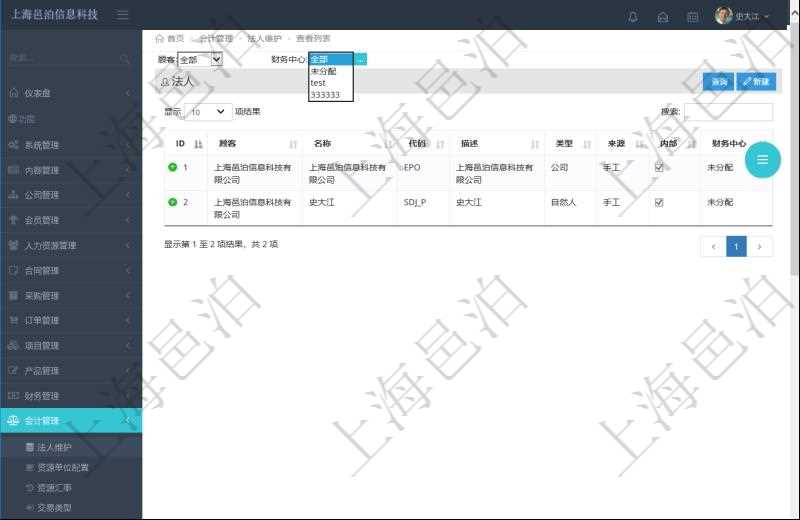 法人維護是項目管理軟件會計管理的一個功能。通過法人維護可以查詢到法人詳細信息,比如:法人名稱、代碼、描述、類型、來源、是否集團內部法人、法人財務中心等信息。