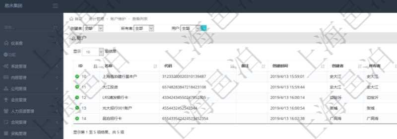 在項目管理軟件會計管理系統里,可通過查詢賬戶維護列表返回的信息有:賬戶名稱、賬戶代碼、賬戶備注、賬戶創建時間、賬戶創建者、賬戶所有者、賬戶用戶、賬戶激活狀態。