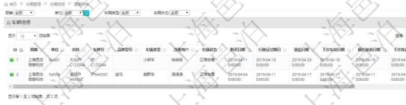 在項目管理軟件車輛管理中查詢車輛信息列表返回:單位、車輛名稱、車牌號、品牌型號、車輛類型、注冊用戶、車輛狀態、購買日期、行駛證過期日、退役日期、下次車檢日期、最近保養日期、下次保養日期、行駛里程等。