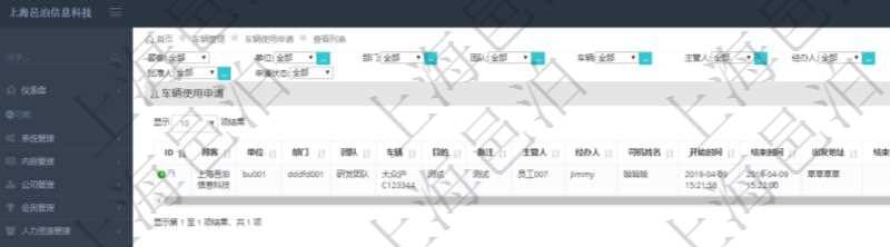 在項目管理軟件車輛管理系統中查詢車輛使用申請列表返回單位、部門、團隊、車輛、目的、備注、主管人、經辦人、司機姓名、開始時間、結束時間、出發地址、結束地址、預計里程、申請人、批準人。