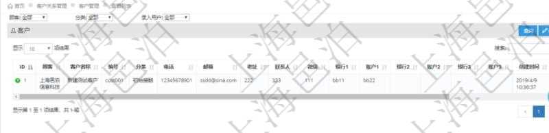 在項目管理軟件CRM客戶關系管理系統中查詢客戶管理列表返回的字段信息有:客戶名稱、客戶編號、客戶分類、電話、郵箱、地址、聯系人、微信、銀行、賬戶、創建時間等。