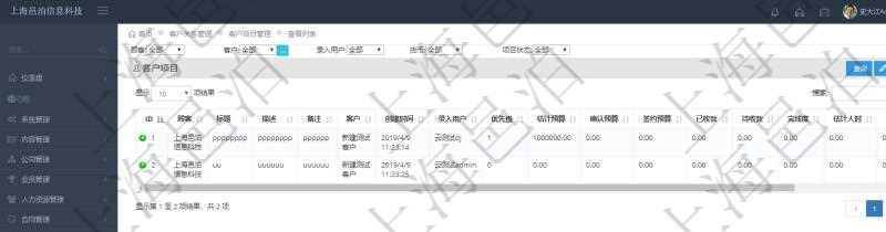在項目管理軟件CRM客戶關系管理系統中查詢客戶項目列表返回:項目標題、項目描述、項目備注、創建時間、錄入用戶、項目優先級、估計預算、確認預算、簽約預算、已收款、待收款、完成度、估計人時、實際人時、貨幣單位、項目狀態。