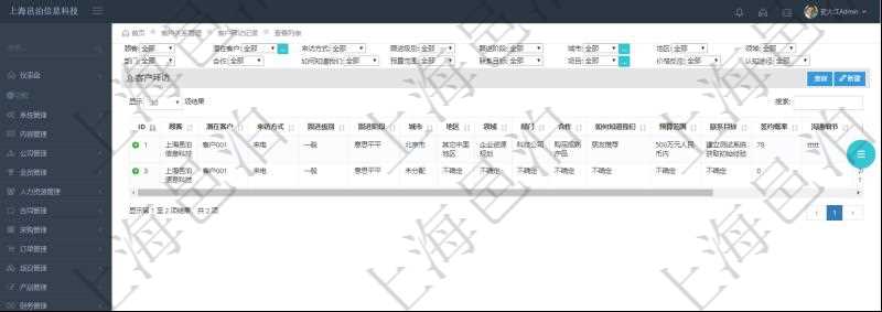 在項目管理軟件CRM客戶關系管理系統中查詢返回的客戶拜訪列表字段信息有:潛在客戶、來訪方式、跟進級別、跟進階段、城市、地區、領域、部門、合作方式、如何知道我們、預算范圍、聯系目標、簽約概率、溝通細節等。