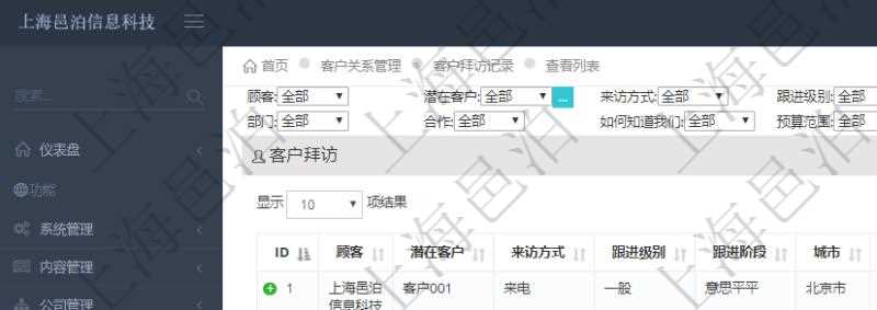 在項目管理軟件CRM客戶關系管理系統中查詢返回的客戶拜訪列表字段信息有:潛在客戶、來訪方式、跟進級別、跟進階段、城市、地區、領域、部門、合作方式、如何知道我們、預算范圍、聯系目標、簽約概率、溝通細節等。