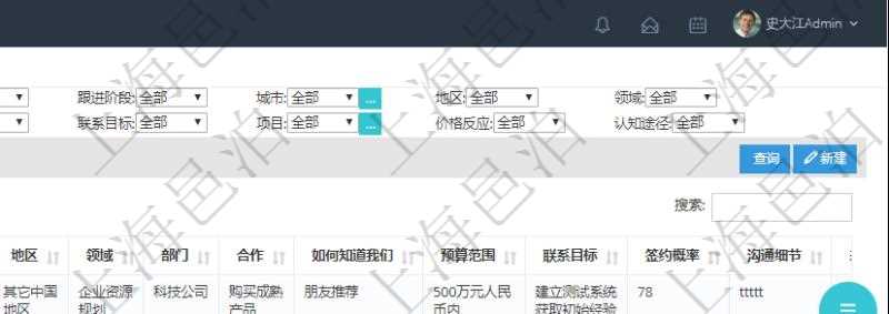 在項目管理軟件CRM客戶關系管理系統中查詢返回的客戶拜訪列表字段信息有:潛在客戶、來訪方式、跟進級別、跟進階段、城市、地區、領域、部門、合作方式、如何知道我們、預算范圍、聯系目標、簽約概率、溝通細節等。