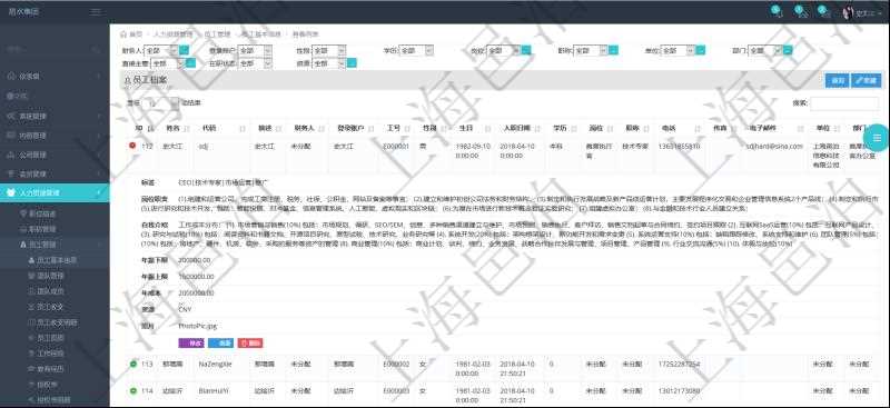 項目管理軟件人力資源管理模塊查詢列表可以查詢返回員工基本信息資料,比如:姓名、代碼、描述、財務人、登錄賬戶、工號、性別、生日、入職日期、學歷、崗位、職稱、電話、傳真、電子郵件、單位、部門、直接主管、在職狀態、負責領域、標簽、崗位職責、自我介紹、年薪下限、年薪上限、年成本、資源、照片等。