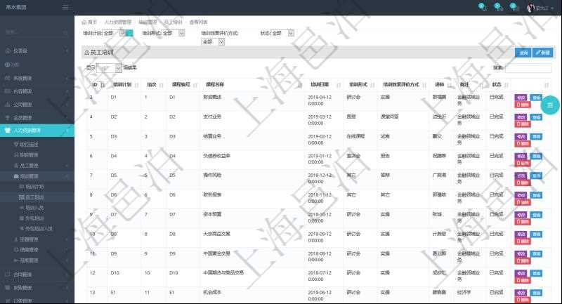 在項目管理軟件人力資源模塊,查詢員工培訓信息返回培訓計劃、項次、課程編號、課程名稱、培訓日期、培訓形式、培訓效果評價方式、講師、備注、狀態等。