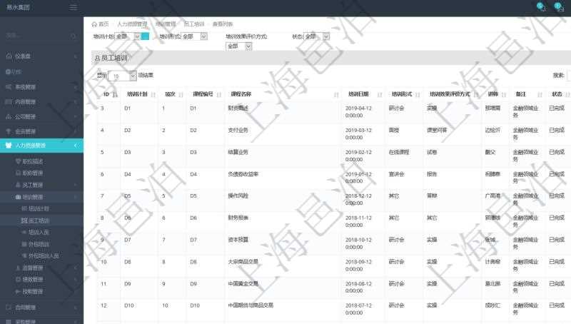 在項目管理軟件人力資源模塊,查詢員工培訓信息返回培訓計劃、項次、課程編號、課程名稱、培訓日期、培訓形式、培訓效果評價方式、講師、備注、狀態等。