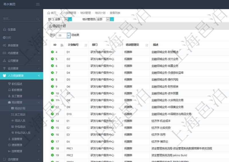 在項目管理軟件人力資源模塊,查詢培訓計劃信息返回計劃編號、部門、培訓管理員、描述等信息。