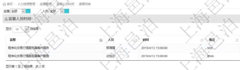在項目管理軟件人力資源模塊,查詢監督人員時間信息返回監督、人員、執行時間及備注。