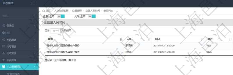 在項目管理軟件人力資源模塊,查詢監督人員時間信息返回監督、人員、執行時間及備注。