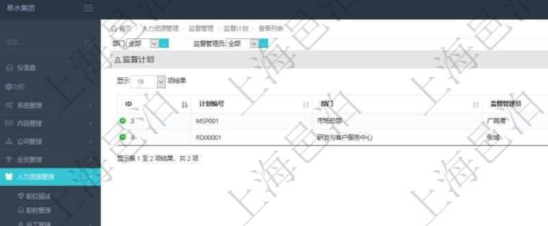 在項目管理軟件人力資源模塊,查詢監督計劃信息返回計劃編號、部門、監督管理員及描述等。