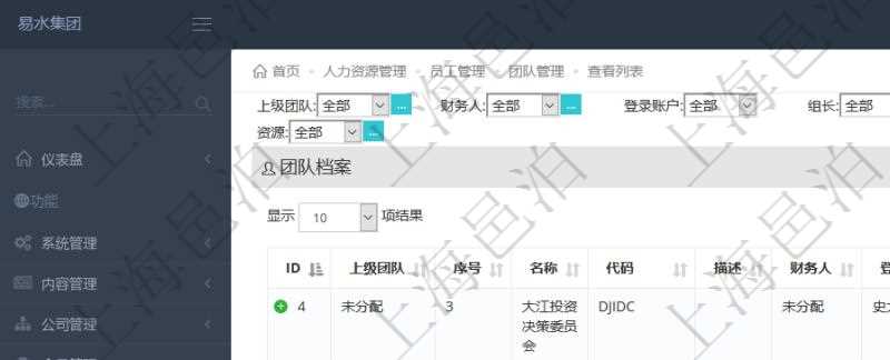 項目管理軟件人力資源管理團隊管理查看列表可以查詢到團隊檔案詳細信息,比如:上級團隊、序號、團隊名稱、團隊描述、財務人、登錄賬戶、組長、單位、部門、直接主管、在職狀態、負責領域、標簽等。