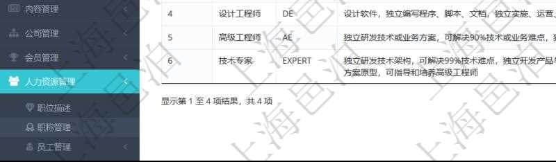 項目管理軟件人力資源管理職稱管理查詢列表可以查詢維護職稱配置信息,比如包括:ID、名稱、代碼、描述與分類等。