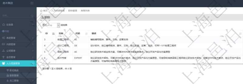 項目管理軟件人力資源管理職稱管理查詢列表可以查詢維護職稱配置信息,比如包括:ID、名稱、代碼、描述與分類等。
