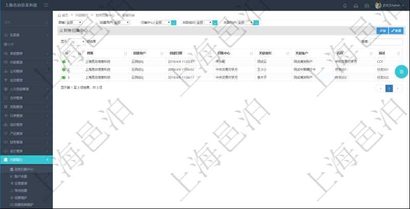 在項目管理軟件內部銀行模塊查詢返回的財務歸集中心字段信息有:創建用戶、創建日期、歸集中心名稱、關聯組織、關聯賬戶、名稱、描述。