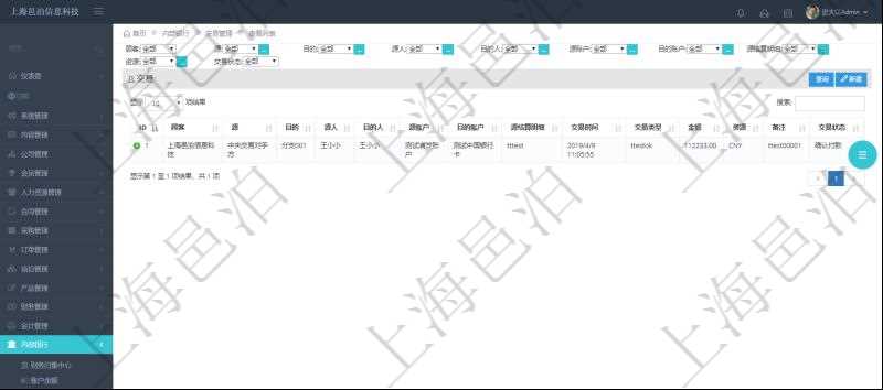 查詢項目管理軟件內部銀行模塊交易管理列表返回的字段信息有:源賬戶、目的賬戶、源人、目的人、源單位、目的單位、源結算明細、交易時間、交易類型、金額、貨幣單位、備注、交易狀態。