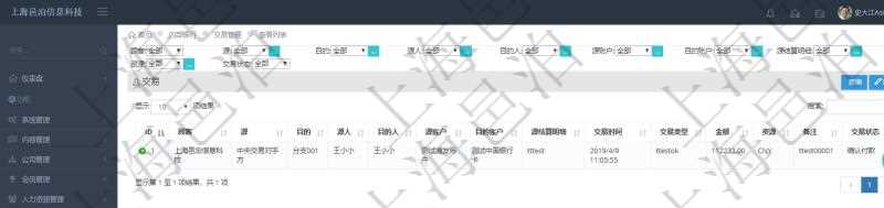 查詢項目管理軟件內部銀行模塊交易管理列表返回的字段信息有:源賬戶、目的賬戶、源人、目的人、源單位、目的單位、源結算明細、交易時間、交易類型、金額、貨幣單位、備注、交易狀態。