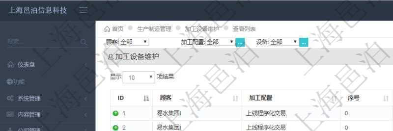 在項目管理軟件MES生產制造管理系統查詢加工設備維護列表時返回:加工配置、序號、設備、描述、成本調整比率、耗費小時、開始小時。