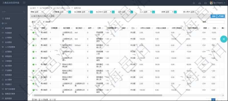 在項目管理軟件MES生產制造管理系統中查詢加工執行工種工人日志返回工種配置、加工配置、加工執行、序號、工種、工時調整比率、描述、工人、計件人力成本、計時人力成本、計件工種成本、計時工種成本、資源、貨幣單位、工時、備注等。