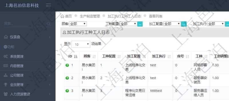 在項目管理軟件MES生產制造管理系統中查詢加工執行工種工人日志返回工種配置、加工配置、加工執行、序號、工種、工時調整比率、描述、工人、計件人力成本、計時人力成本、計件工種成本、計時工種成本、資源、貨幣單位、工時、備注等。