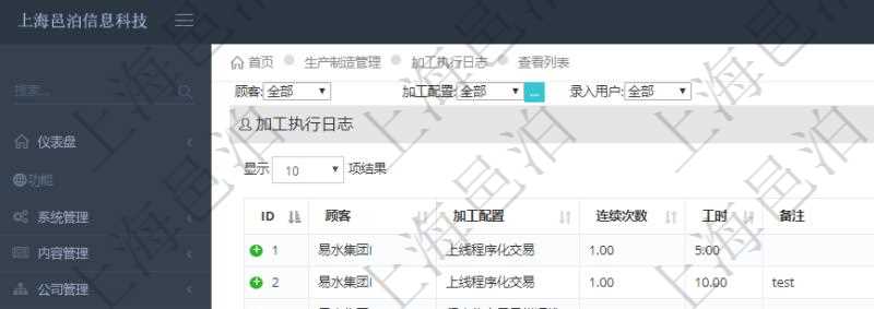 在項目管理軟件MES生產制造管理系統查詢加工執行日志列表時返回:加工配置、連續次數、工時、備注、日志類型、創建時間、記錄時間、開始時間、結束時間、錄入用戶等。