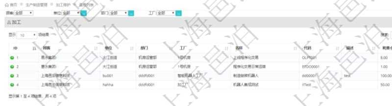 在項目管理軟件MES生產制造管理系統查詢加工返回的列表信息有:單位、部門、工廠、名稱、代碼、描述、耗費小時。