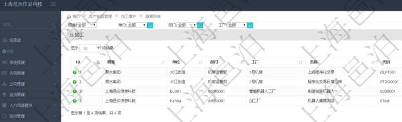 在項目管理軟件MES生產制造管理系統查詢加工返回的列表信息有:單位、部門、工廠、名稱、代碼、描述、耗費小時。
