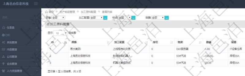 在項目管理軟件MES生產制造管理系統查詢加工原料配置列表時返回:加工配置、序號、物資、數量、容器、描述等。