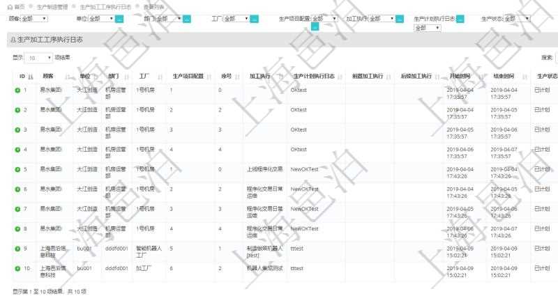 在項目管理軟件MES生產制造管理系統中查詢生產加工工序執行日志列表返回:單位、部門、工廠、生產項目配置、序號、加工執行、生產計劃執行日志、前置加工執行、后續加工執行、開始時間、結束時間、生產狀態、生產描述。