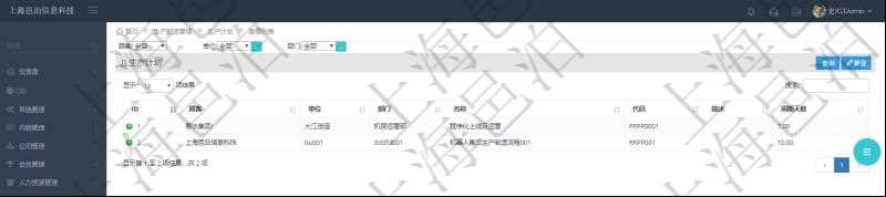 在項目管理軟件MES生產制造管理系統中查詢生產計劃列表返回單位、部門、名稱、代碼、描述、周期天數。