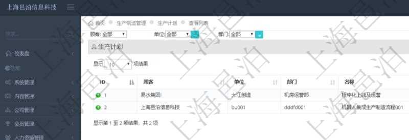 在項目管理軟件MES生產制造管理系統中查詢生產計劃列表返回單位、部門、名稱、代碼、描述、周期天數。