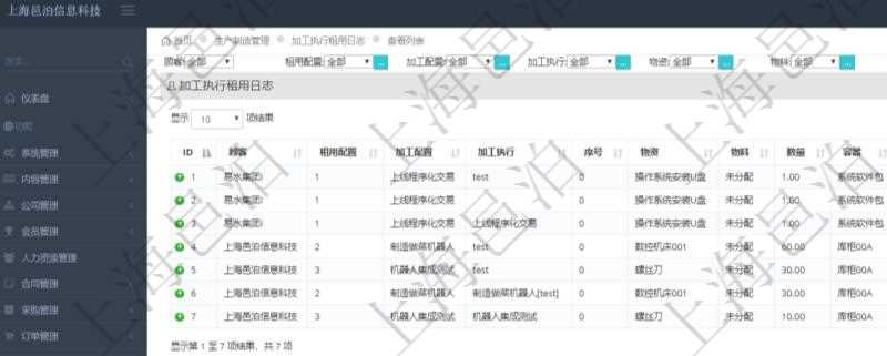 在項目管理軟件MES生產制造管理系統中查詢加工執行租用日志返回租用配置、加工配置、加工執行、序號、物資、物料、數量、容器、描述、租用小時、開始時間、結束時間。