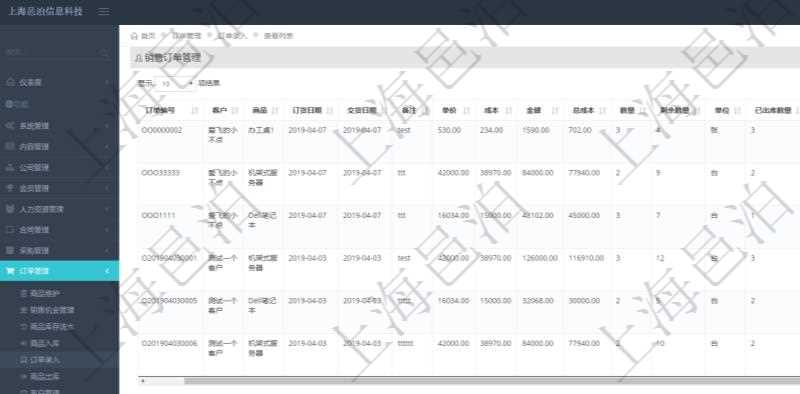 在項目管理軟件里可通過訂單管理系統查詢返回銷售訂單列表信息,比如:訂單編號、客戶、商品、訂貨日期、交貨日期、備注、單價、成本、金額、總成本、數量、剩余數量、單位、已出庫數量等、出庫完畢、已開票金額、開票完畢等。