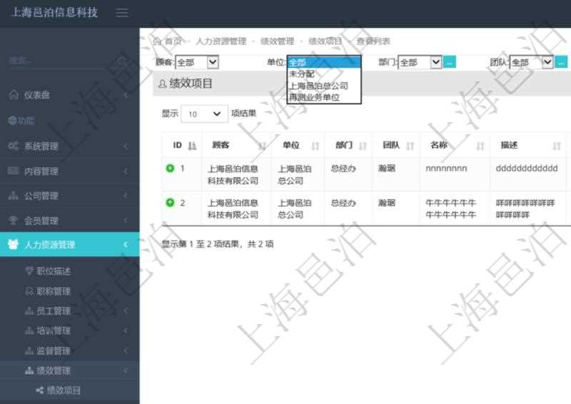 在項目管理軟件中,人力資源績效最多可分為3級分類管理,通過績效項目查詢頁面,用戶可以查到具體績效項目明細,比如:單位、部門、團隊、名稱、描述、一級分類、二級分類、三級分類等。