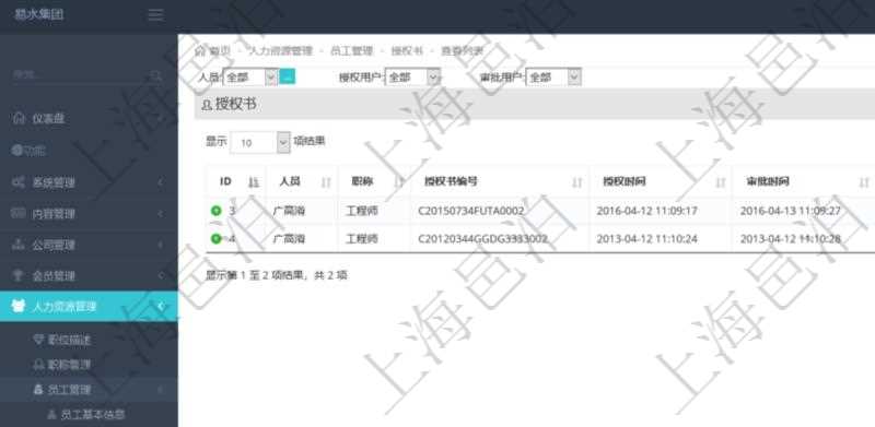 項目管理軟件里,在人力資源管理模塊可以查詢到員工授權書:人員、職稱、授權書編號、授權時間、審批時間、授權用戶、審批用戶等信息。