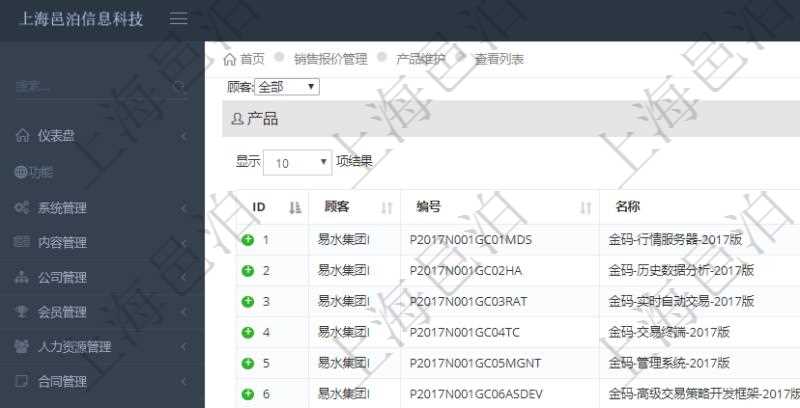 通過項目管理軟件銷售報價管理系統可以查詢維護報價產品信息:產品編號、產品名稱、產品描述、產品種類、產品單價、產品最低價、產品成本、產品數量、產品單位等。