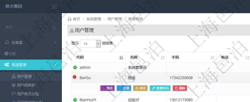 用戶管理查詢可以查到項目管理軟件中的用戶信息列表,包括:用戶登錄代碼、名稱、手機、電話、郵箱、創建日期、激活狀態等。可以對用戶進行修改、查看、鎖定、解鎖、重置密碼和刪除等操作。