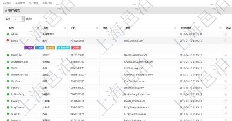 用戶管理查詢可以查到項目管理軟件中的用戶信息列表,包括:用戶登錄代碼、名稱、手機、電話、郵箱、創建日期、激活狀態等。可以對用戶進行修改、查看、鎖定、解鎖、重置密碼和刪除等操作。