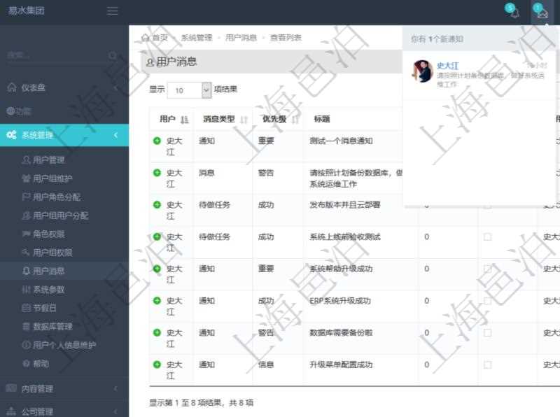 項目管理軟件用戶也可以使用用戶間通知功能實現不同用戶之間的消息的通知,系統管理員可在用戶消息查詢頁面查詢得到所有用戶之間的通知消息。