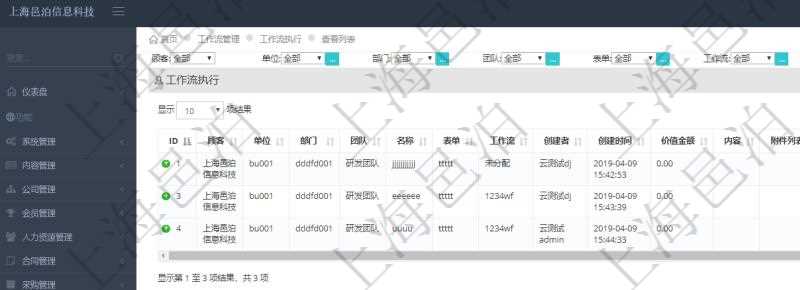 在項目管理軟件工作流管理系統查詢工作流執行列表返回單位、部門、團隊、名稱、表單、工作流、創建者、創建時間、價值金額、內容、附件列表、審批意見、結點、結點名稱、審批人列表、審完列表等。
