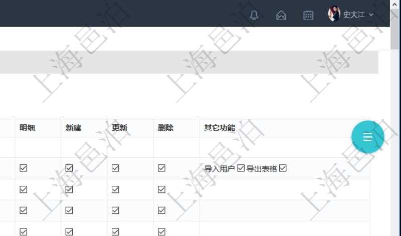 可通過勾選設置用戶組中用戶訪問系統功能模塊的權限,比如每個頁面的功能使用、列表查詢、明細查看、新建、更新、刪除等操作權限,也可以針對每個功能特定的操作和業務流程設置權限,比如:用戶管理的導入用戶與導出表格功能。
